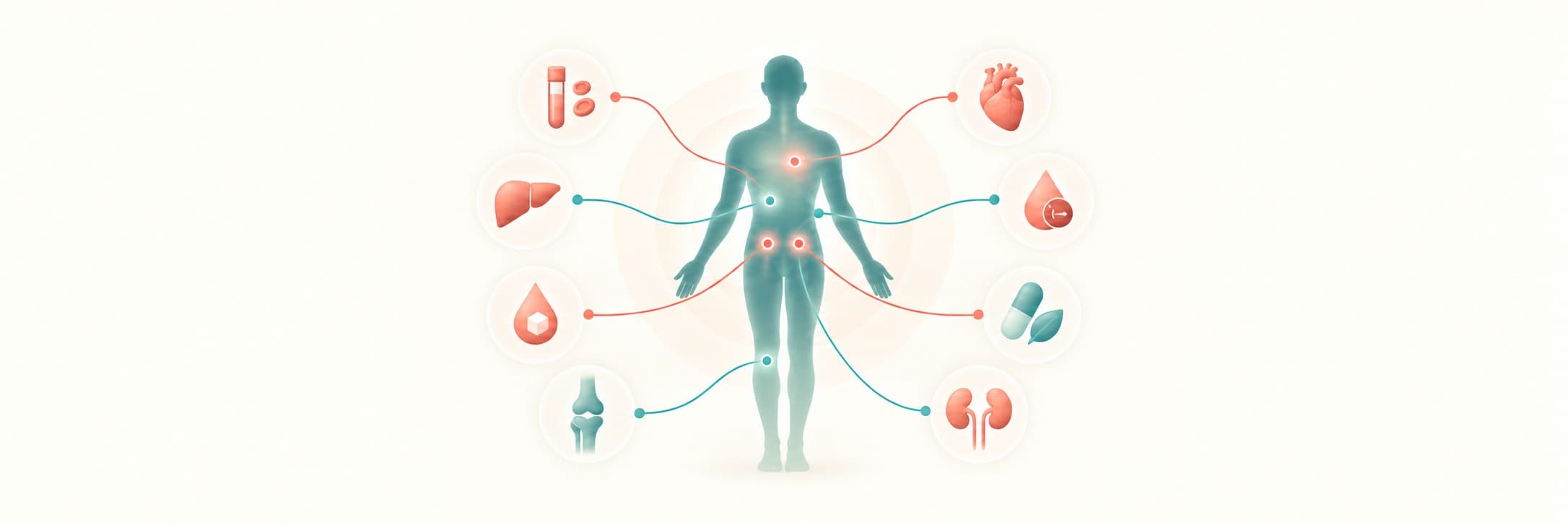 A figure linked to icons for the eight body systems the panel reads
