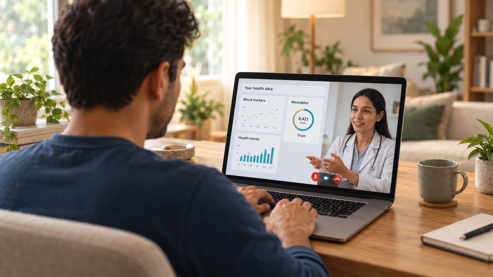 A member reviewing blood markers and wearable trends on a video call with their GP
